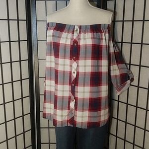 Rue21 Plaid Off the Shoulder Roll-Tab Sleeved Top
